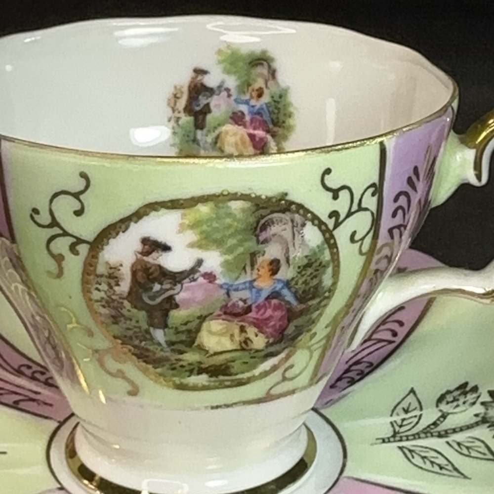 Vtg Fragonard Courting Couple Tea Cup Saucer Lime Green Pink AS-IS Shabby Chic - Picture 2 of 16